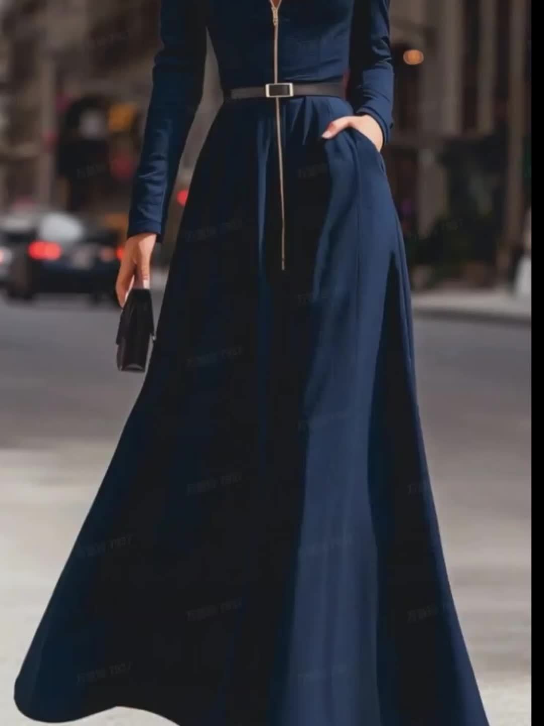 Elegant Women's Dress with a Lapel, Long Skirt, Long Sleeves, Zipper Details, Advanced Tailoring, Waist Cinching,, Flared Design, Fashionable, Elegant, Full of Aura, Queen-like Style, Suitable for Autumn Dates, Parties, Dinne