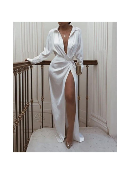 Women's Elegant Split Forked Long Dress with Lace-Up Long Sleeves - -Length Formal Wedding Guest Gown, Year-Round Party Dress, Machine Washable & Dry Cleanable, All-Season Wear (No Sheer Panels)