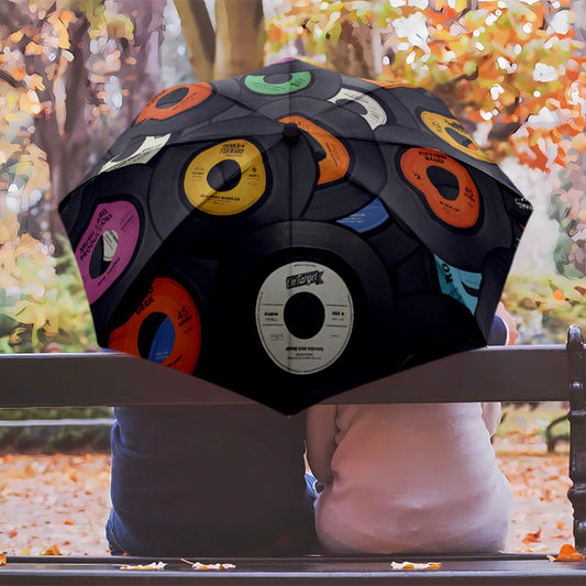Vintage Vinyl Record Umbrella - Automatic Open/Close, One-Button Operation, Compact Folding Design, Retro Music Lover Gift for Men & Women - Travel, Commute, Everyday Use - Vintage Vinyl Record Pattern in Black, Orange, Blue,