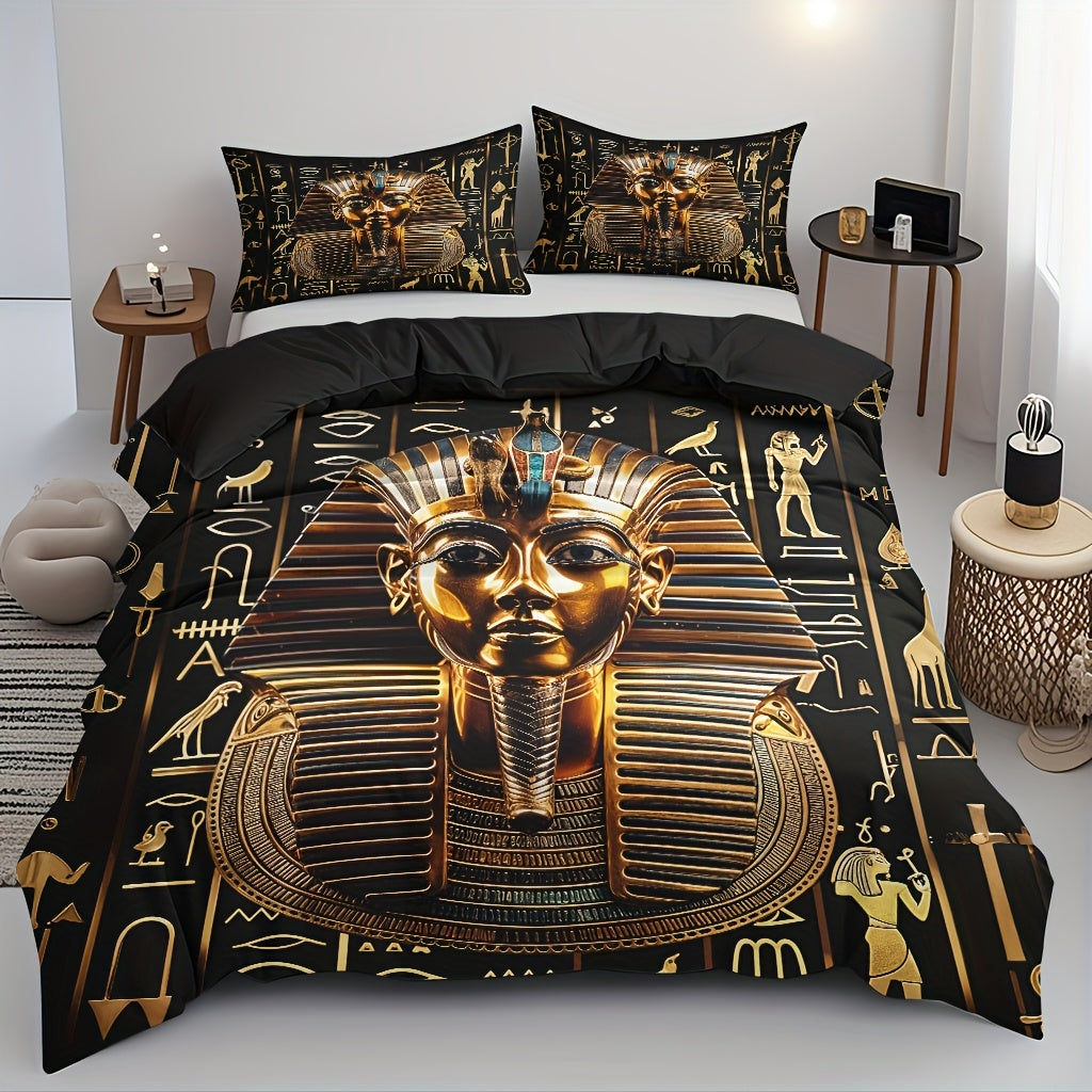 3pcs Egyptian Pharaoh Comforter Set - Soft High-Definition Digital Print Design, Perfect Gift, All-Season Use! Soft, Breathable 100% Polyester, Ideal For Family And Friends - Machine Washable (1 Comforter Cover + 2 Pillowcase