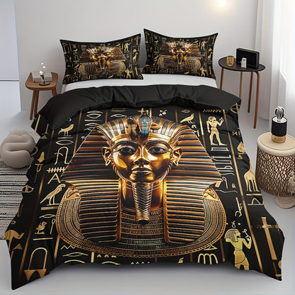 3pcs Egyptian Pharaoh Comforter Set - Soft High-Definition Digital Print Design, Perfect Gift, All-Season Use! Soft, Breathable 100% Polyester, Ideal For Family And Friends - Machine Washable (1 Comforter Cover + 2 Pillowcase