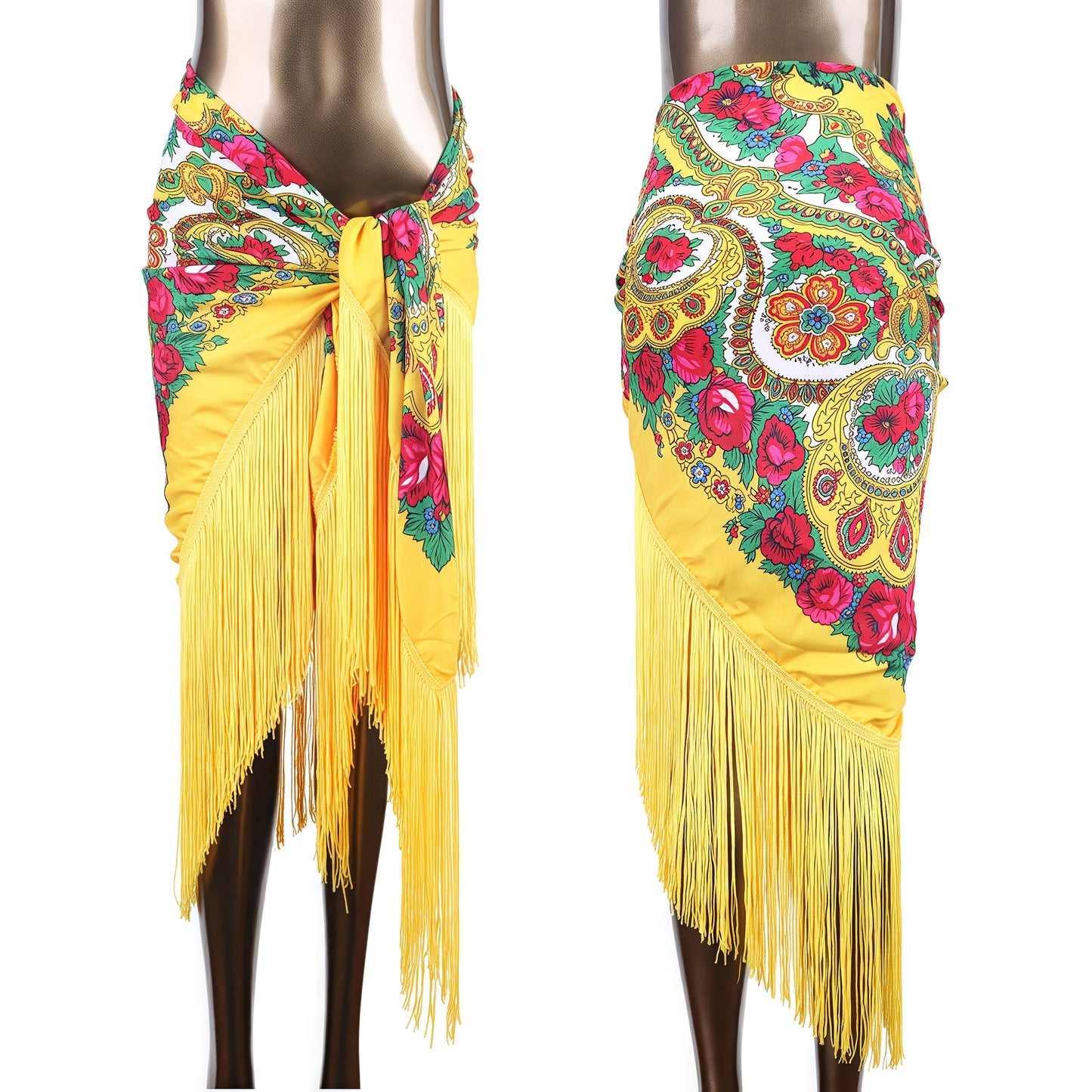 Women'S Luxury Boho Floral Fringe Hip Scarf - Elegant Belly Dance Wrap Skirt & Shawl with Tassel Hem, Vibrant Red Color Options, Multicolor Printed Bohemian Style for Beach, Festival, Party, Travel - Versatile Sarong Cover Up