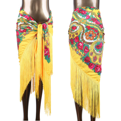 Women'S Luxury Boho Floral Fringe Hip Scarf - Elegant Belly Dance Wrap Skirt & Shawl with Tassel Hem, Vibrant Red Color Options, Multicolor Printed Bohemian Style for Beach, Festival, Party, Travel - Versatile Sarong Cover Up
