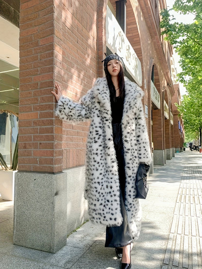 Women'S Elegant Oversized Faux Fur Coat - Black & White Dalmatian Print Longline Jacket with Lapel Collar, Notched Lapel & Speckled Trim, Cozy Toscana Fleece Blend Insulation, Below-Knee Length Winter Coat for Fall/Winter, Ca