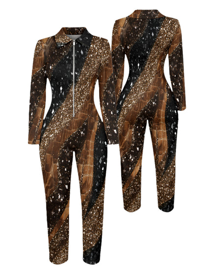 Ladies' Four-Season Long-Sleeved Sexy Jumpsuit | Front Zipper Design, Light Style, Fashionable Full-Print, Perfect for Daily Outings and Casual Wear, Fashionable and Sexy Outfit