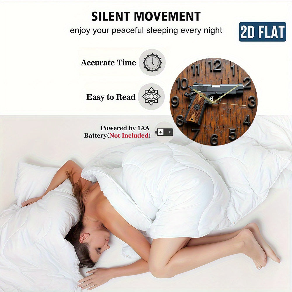 2D Flat Acrylic Wall Clock with Gun Design - Silent Non-Ticking Battery Operated (AA Not Included) - Modern Home Office Dorm Decor - Unique Christmas Halloween Birthday Gift, 2D Flat