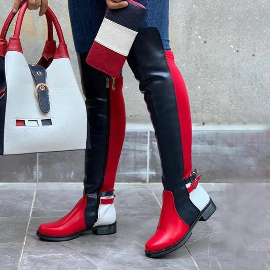 Women's Side-zip Block Heel Boots with Color-block Design, Fashionable and Unique. The Metal Buckle Decoration Adds a Full Sense of Trend. They Are Suitable for Various Occasions Such as Street Outings and Parties., Women Sho