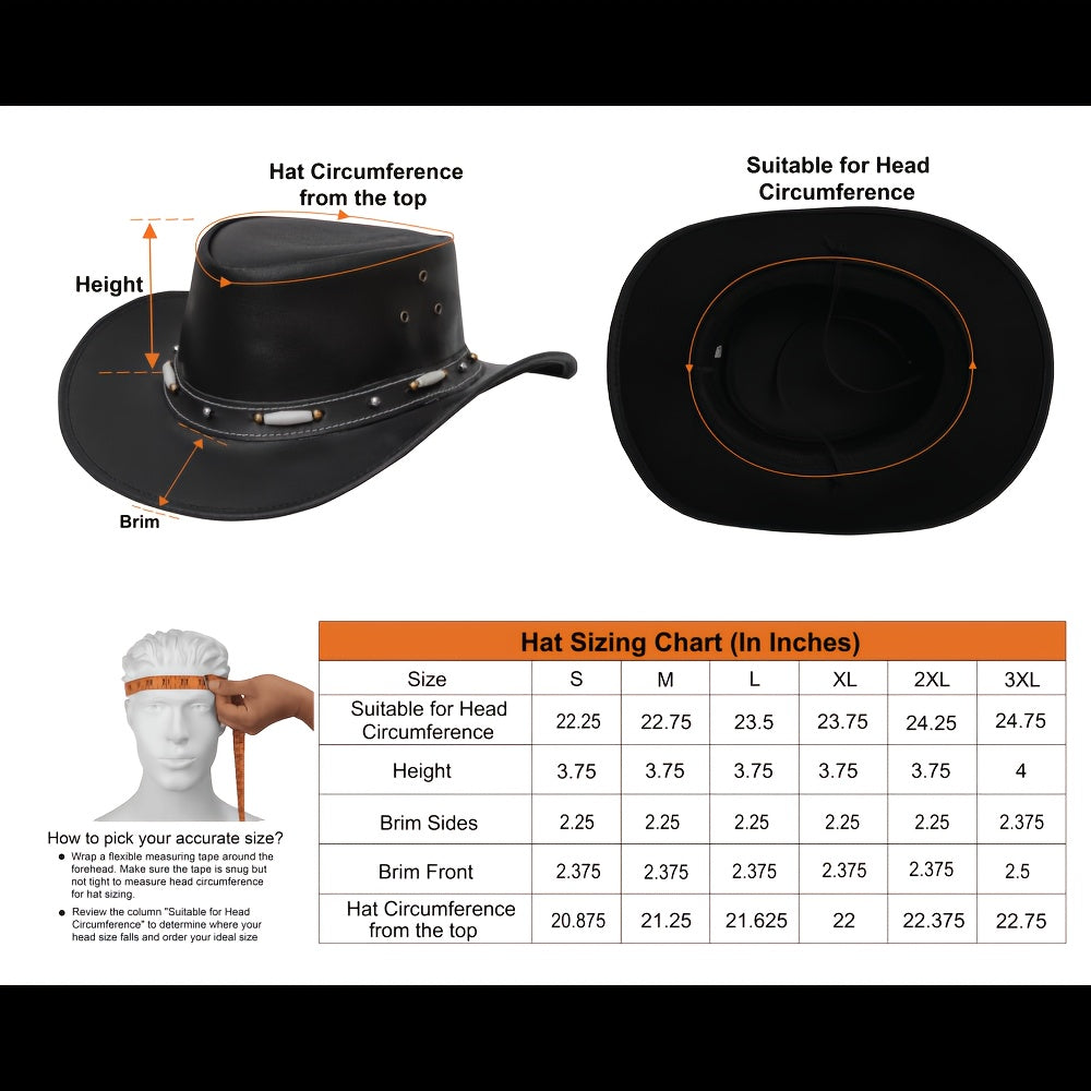 1pc Black Casual Fashion Funky Wide Brim Lightweight Western Cowboy Leather Hat for Men Women, Ideal for Party and Dating, Festival Wear, for party Accessory, Funky Style, Stylish Headwear, Durable Material, Lining, Unisex Ha