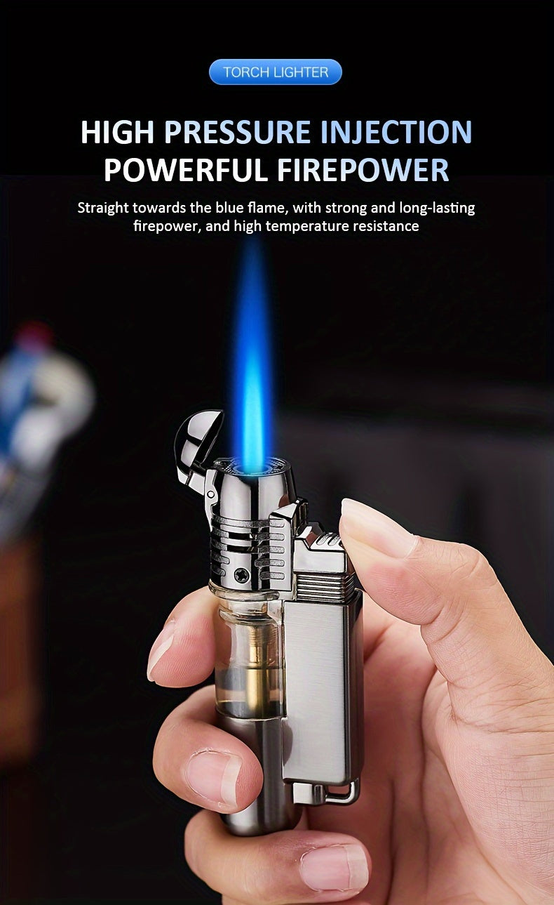 This Is a Windproof Inflatable Lighter Designed with a Creative Transparent Gas Box And a Round Machine, Featuring a Cover And No Butane