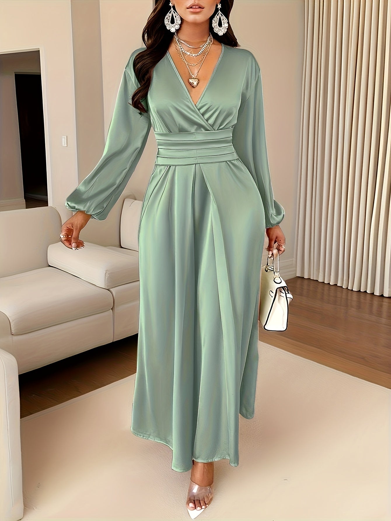 Women's Solid Color Simple Pleated Design Everyday Satin Dress, High-End Fashion Wedding, Engagement, Bridesmaid Dress, Evening Gown