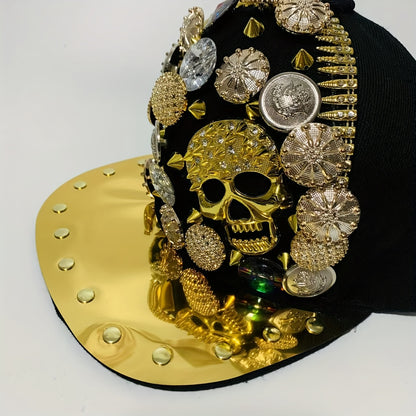 Handcrafted Rivet Studded Fashion Baseball Cap - Lightweight Polyester, Casual Street Style with Colorful Gemstones and Skull Motif for Dance and Performance