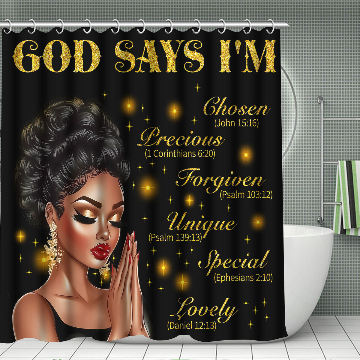 4pcs God Says I Am Bathroom Shower Curtain Sets, Praying African American Woman Shower Curtain Sets With Rugs, Inspirational Quotes Shower Curtain Set, With 12 Hooks, Bath Mat, U-shaped Bath Mat And Toilet Seat Cover, Decorat