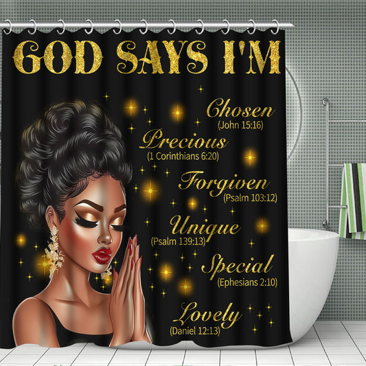 4pcs God Says I Am Bathroom Shower Curtain Sets, Praying African American Woman Shower Curtain Sets With Rugs, Inspirational Quotes Shower Curtain Set, With 12 Hooks, Bath Mat, U-shaped Bath Mat And Toilet Seat Cover, Decorat