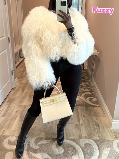 GlOURI Women's Luxury White Outerwear - Cropped Faux Fur Jacket - Fluffy Soft Fuzzy Coat With Long Sleeves | For Evening Parties, Street Style And Seasonal Occasions(Fall Winter Essential)