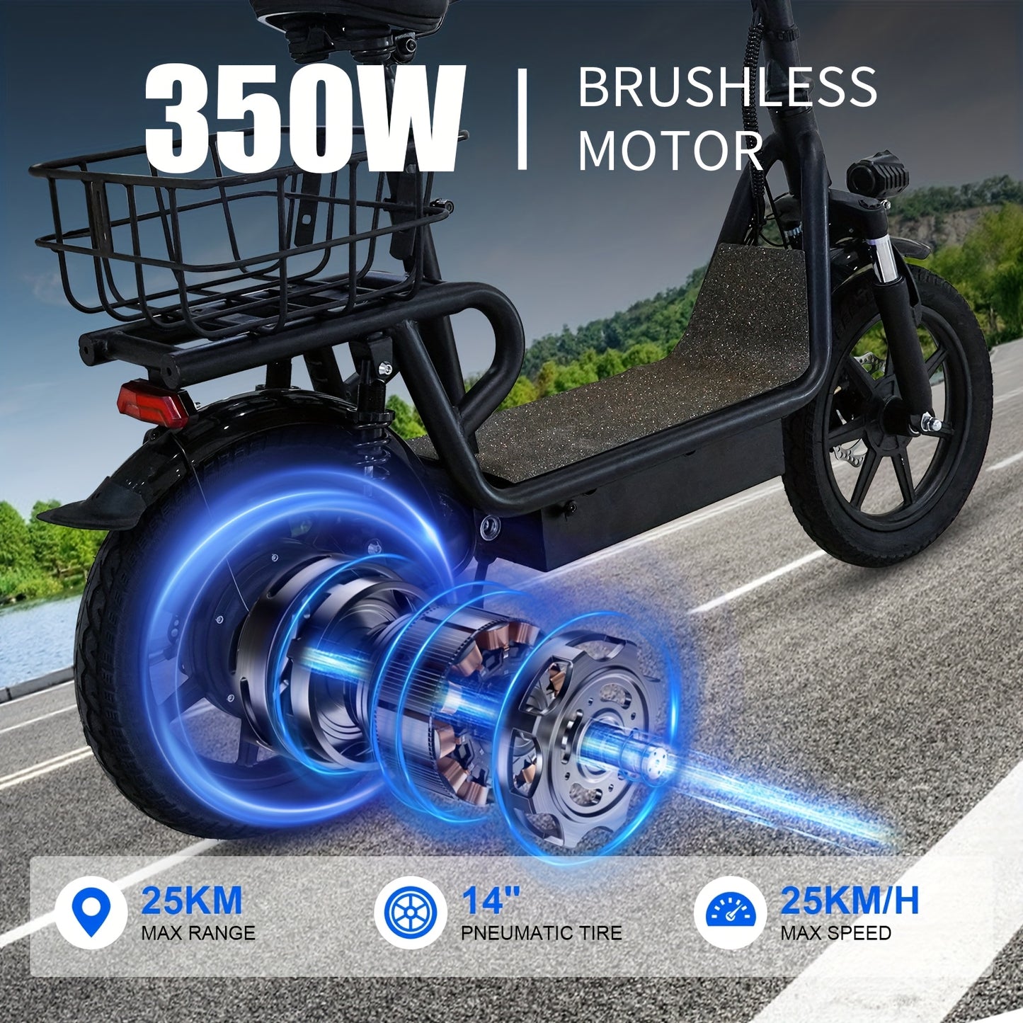 Folding Electric Scooter - 350W Motor, Portable Electric Scooter for Urban Use, 6AH/7.5AH Lithium Batteries, 25km Range & 25km/h Top Speed, 12"/14" Inflatable Tires, Front/Rear Disc Brakes+ Rear E-Brake, 264.55LB Max Load, Su