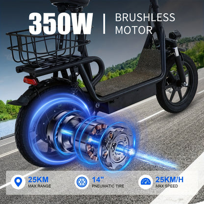 Folding Electric Scooter - 350W Motor, Portable Electric Scooter for Urban Use, 6AH/7.5AH Lithium Batteries, 25km Range & 25km/h Top Speed, 12"/14" Inflatable Tires, Front/Rear Disc Brakes+ Rear E-Brake, 264.55LB Max Load, Su