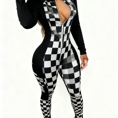 Long Sleeve Zippered Jumpsuit for Women - Allover Print, Chic And Alluring, Suitable for Parties And Special Events Year-Round