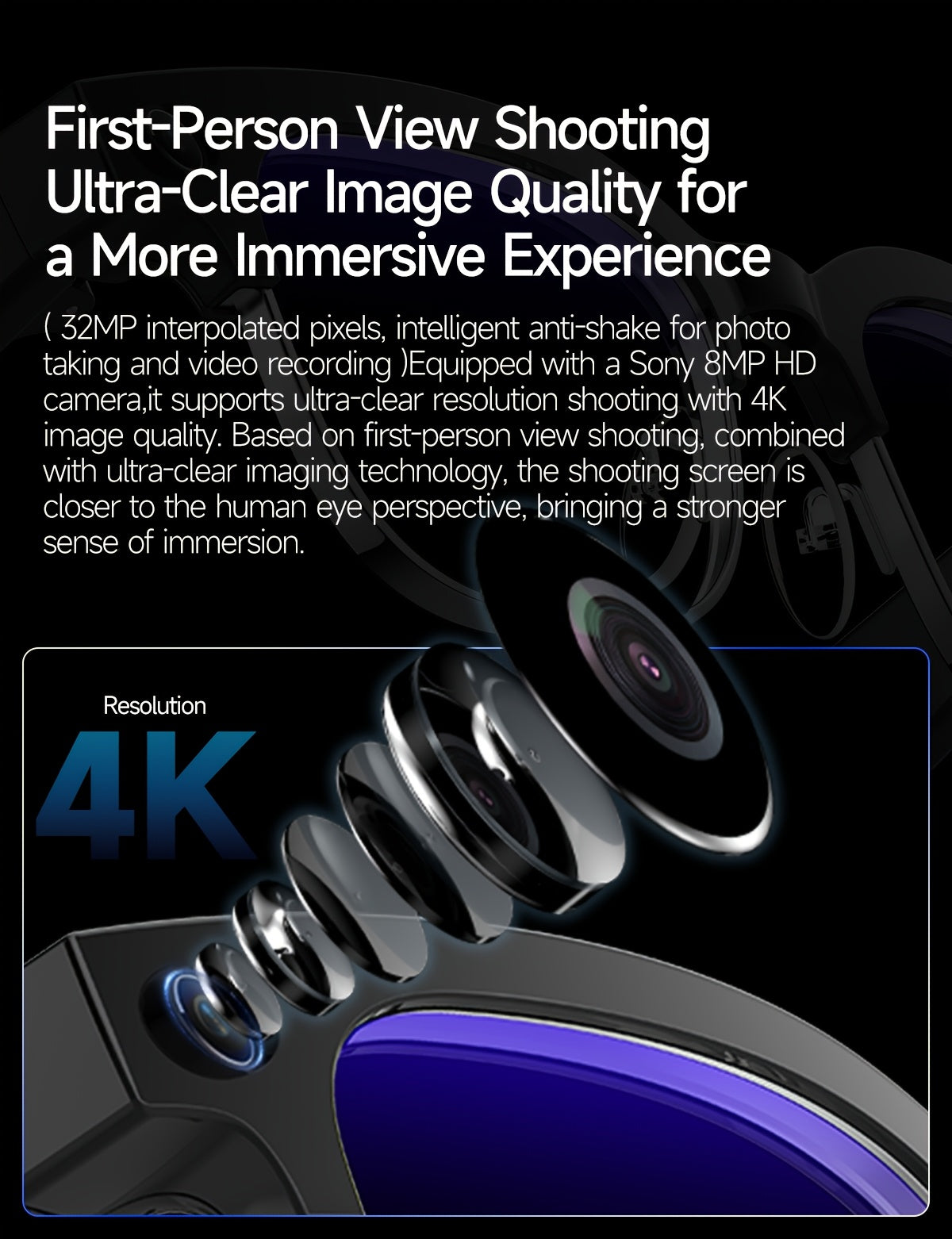 New Smart AI Glasses for Photo And Video Recording, with 800W Pixel Ultra-wide Camera, High-definition Video 1080P, Anti-shake for Photography And Video, Blue Light Blocking, Dual-mic Noise Reduction, AI Voice Control, Wi-Fi