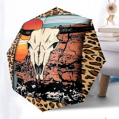 Automatic Open/Close Umbrella with Cow Skull & Desert Sunset Design - Leopard Print, Windproof 8-Rib Collapsible Umbrella, Portable All-Season Outdoor Accessory, Unique Gift for Christmas, Birthday, Festival, Umbrella Heavy D