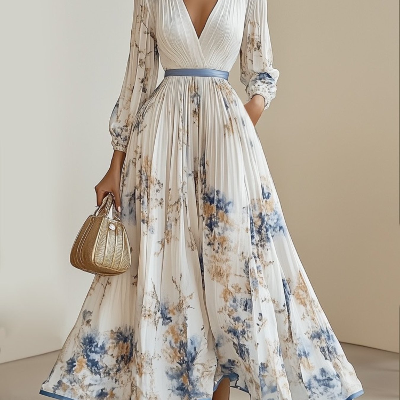 Women's Elegant A-Line Maxi Dress with V-Neck & full-length Zipper Back - Long Sleeve Summer Wedding Guest Gown, Pleated Maxi, Non-Stretch Fabric (Hand Wash/Dry Clean) - Floral print suitable for Prom, Party, Special Occasion