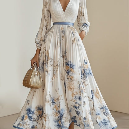 Women's Elegant A-Line Maxi Dress with V-Neck & full-length Zipper Back - Long Sleeve Summer Wedding Guest Gown, Pleated Maxi, Non-Stretch Fabric (Hand Wash/Dry Clean) - Floral print suitable for Prom, Party, Special Occasion