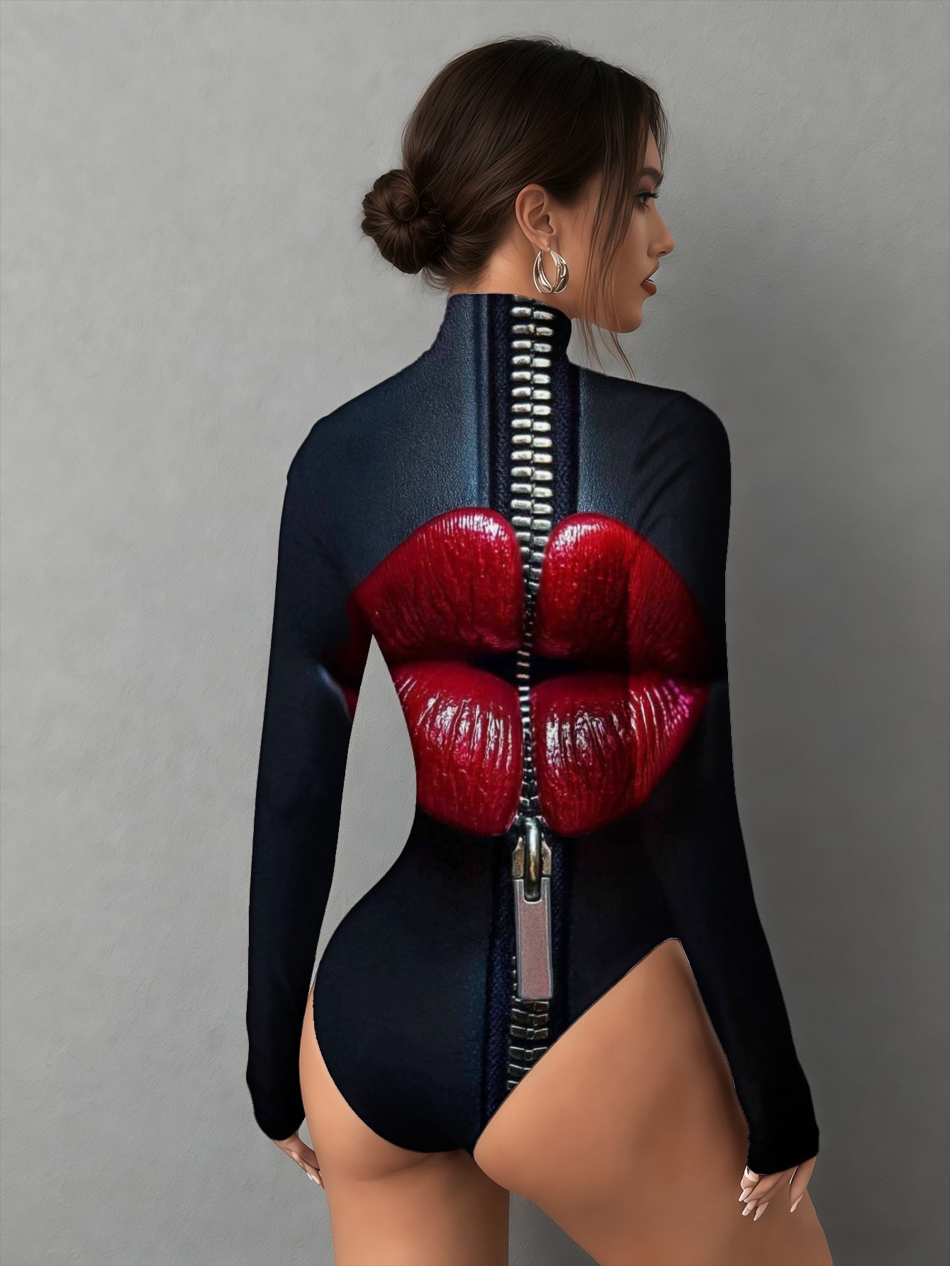 New Women's Lips Zipper Black Print Bodysuit - Slim Fit, Stand Collar, Long Sleeve, All-Season Versatile Jumpsuit, Stylish Outfit Bodysuit Stand Collar Top, Bodysuit for Women