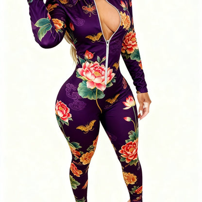 Women's Lightweight Full-Body Animal Print Jumpsuit - Zipper Front/Back Closure Long Sleeve Romper, Tight-Suit Style Collar, Machine Washable All-Season Outfit for Daily Wear, & Smart-Casual (Cute /Deer/Elastic Suit)