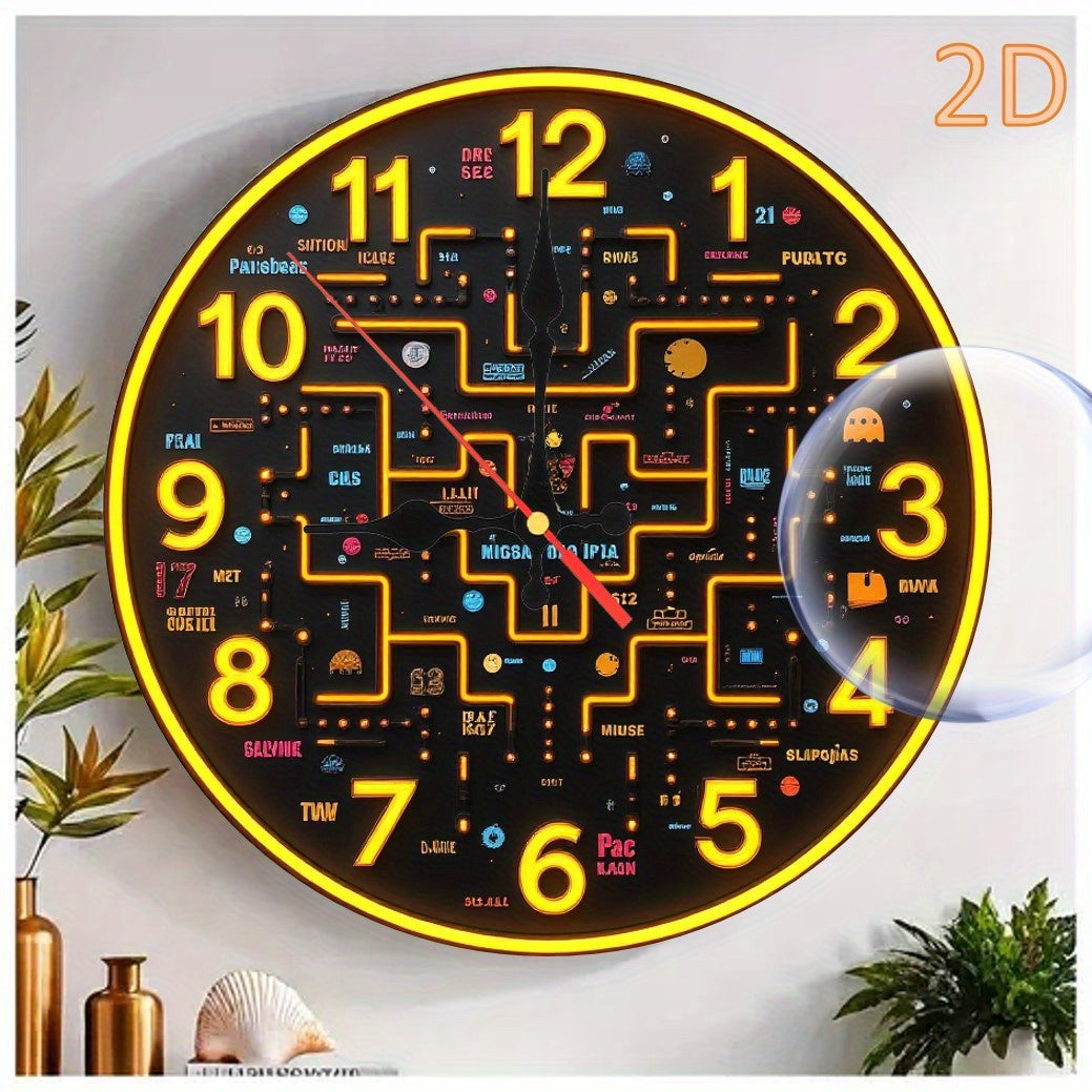 1 wall-mounted clock, 2D flat 10-inch Retro game theme round wooden wall-mounted clock, battery-powered (excluding AA battery), suitable for home, kitchen, swimming pool or bathroom decoration, living room wall-mounted clock,