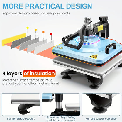 Advanced 8-in-1/ 5-in-1 - 15"x12" Heat Press Machine Set, Multi-Size Transfer Professional Sublimation Combination, With DUAL-TUBE HEATING And LED Lights, Suitable For T-shirts, Bags, Pillows, Hats, Beanies, Roller - Rotatabl