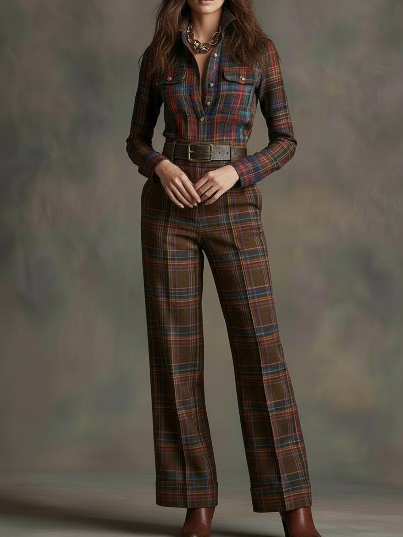 2pcs Set: Vintage Plaid Shirt + Wide-Leg Pants | American Western Retro Style, Suitable for Daily Commuting, Outdoor Leisure Occasions, and Fall/Winter Seasons