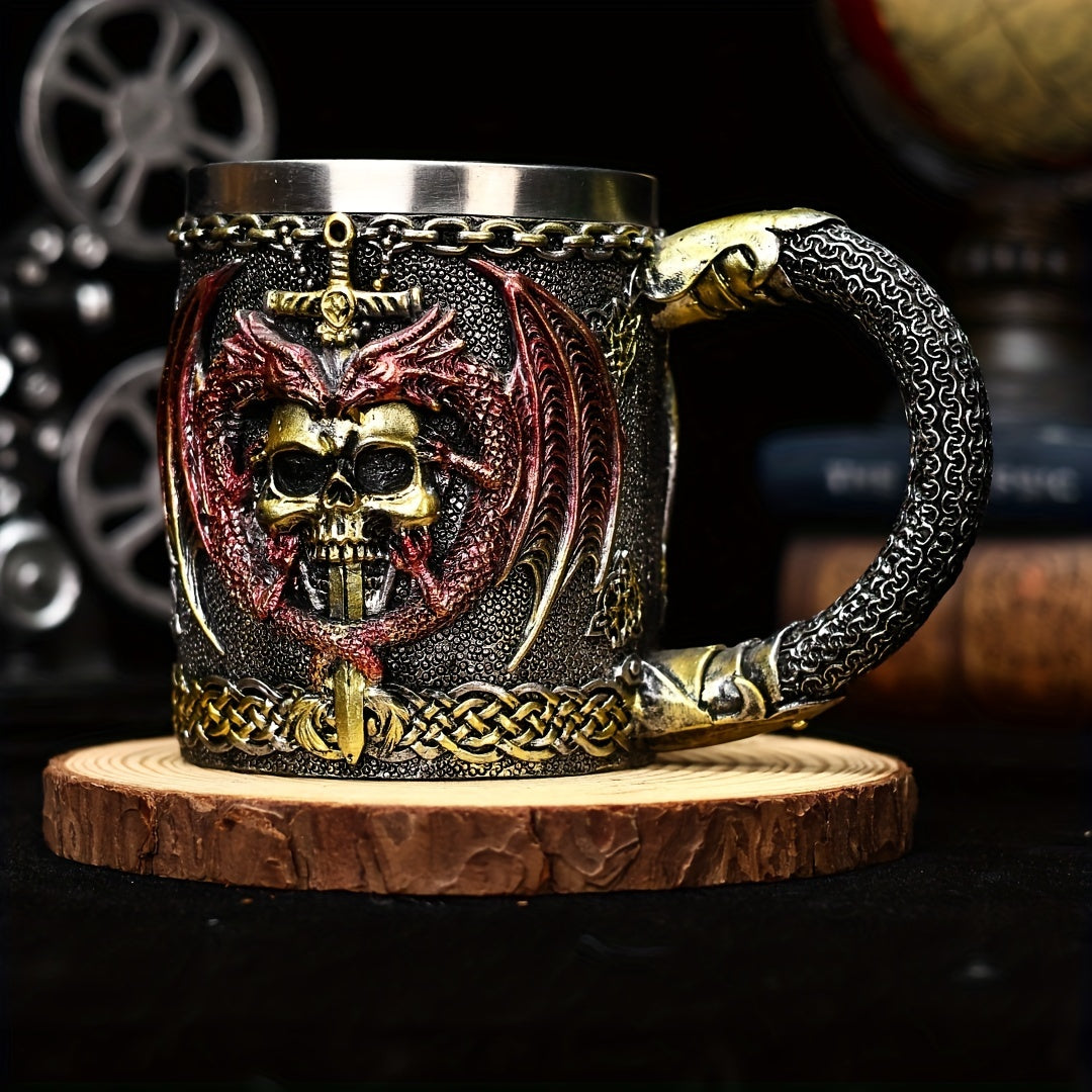 Medieval Collectible Drinkware (Hand Wash Only) - 2024 Dragon Warrior Gothic - 3D Dragon & Skull Coffee Mug & Beer Cup - Stainless Steel Insulining Cup with Celtic Knot Design - Viking-Themed Gift for Men - Christmas - Hallow