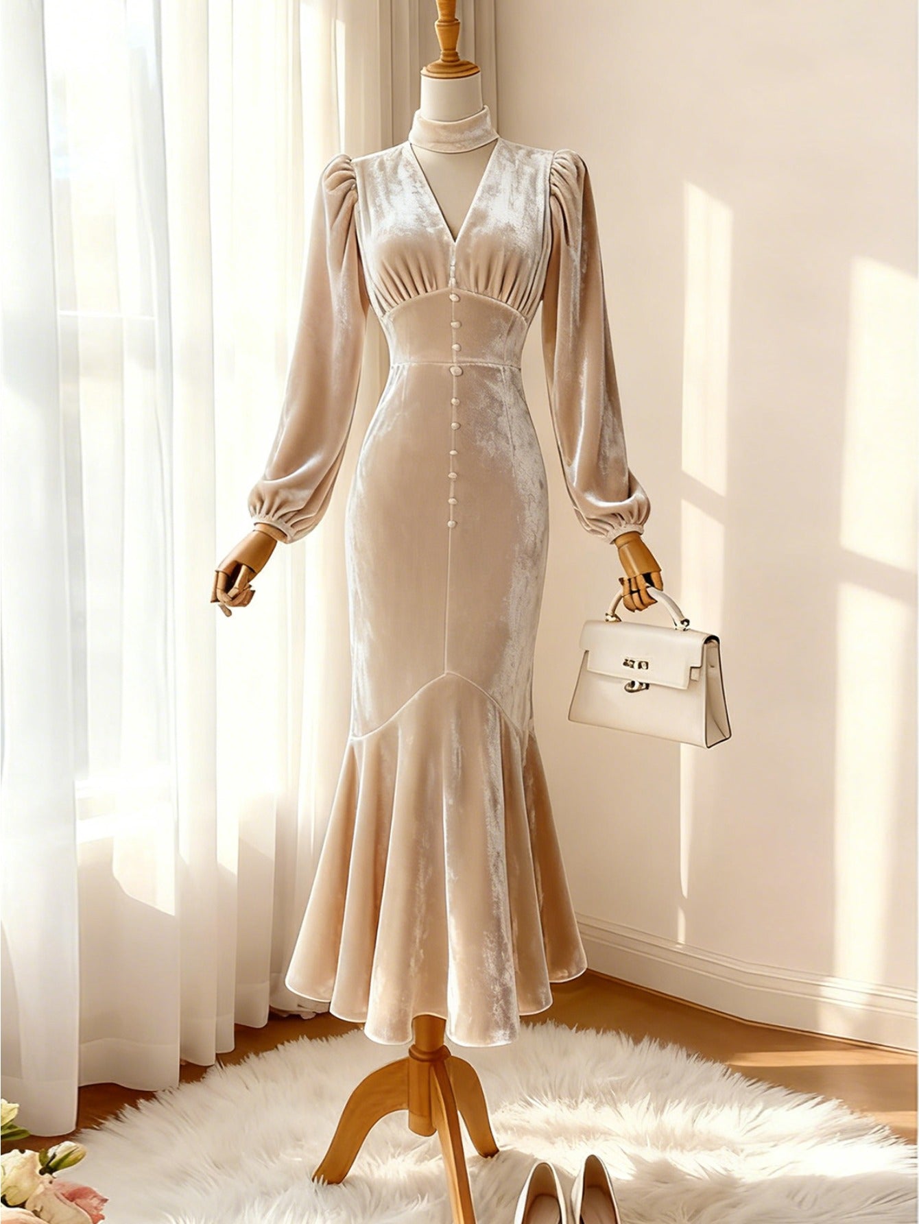 This Elegant Long-Sleeve Midi Dress Features a Mock-Neck And V-Collar Design, Perfect for Women. Its Retro And Exquisite Style Makes It Ideal for Formal Events, Romantic Outings, And Luxurious Afternoon Teas During The Fall A