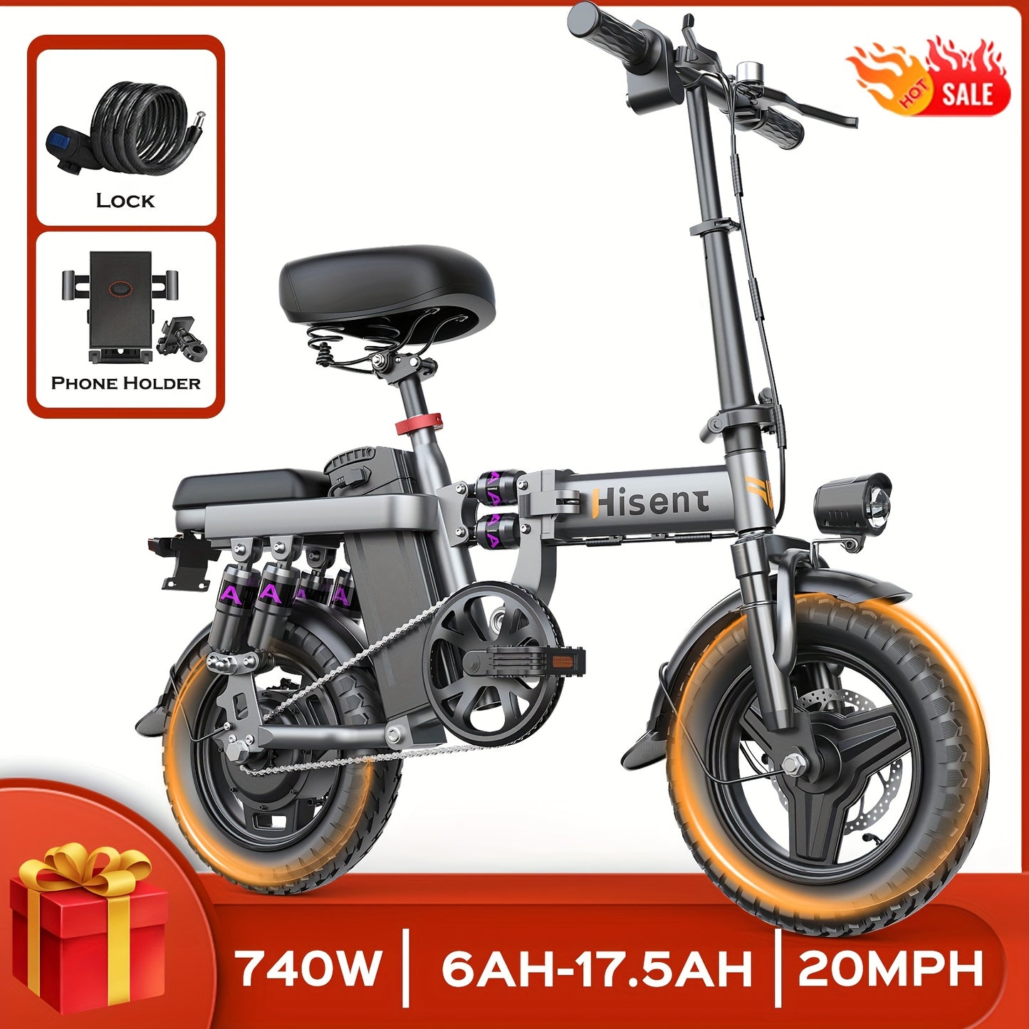 Hisent Adult Electric Bicycle, 48V 6A10A/15A/17.5A Lithium Battery, 20MPH, 8-35 Miles Range, 740W Brushless Motor, Multiple Shock Absorbers, 14" High-quality Tires, 3-step Folding, LCD Display, with Headlight And Taillight, C