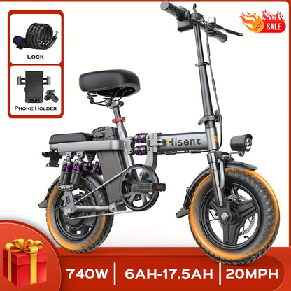 Hisent Adult Electric Bicycle, 48V 6A10A/15A/17.5A Lithium Battery, 20MPH, 8-35 Miles Range, 740W Brushless Motor, Multiple Shock Absorbers, 14" High-quality Tires, 3-step Folding, LCD Display, with Headlight And Taillight, C