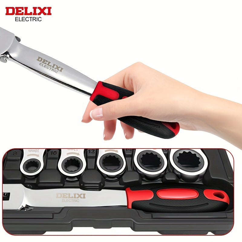 12-In/6-In Interchangeable Head Ratchet Socket Wrench, Flexible Head Combination Wrench Set, Adjustable Head Ratchet Wrench Set, Quick Wrench Set