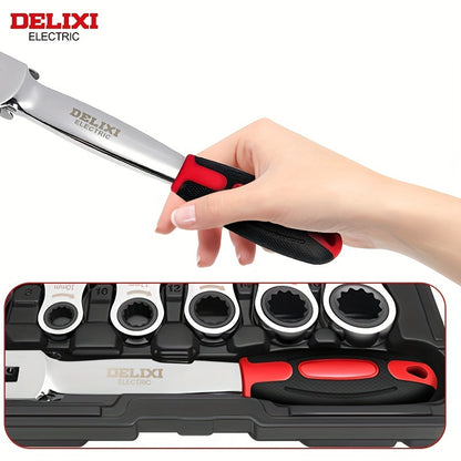 12-In/6-In Interchangeable Head Ratchet Socket Wrench, Flexible Head Combination Wrench Set, Adjustable Head Ratchet Wrench Set, Quick Wrench Set