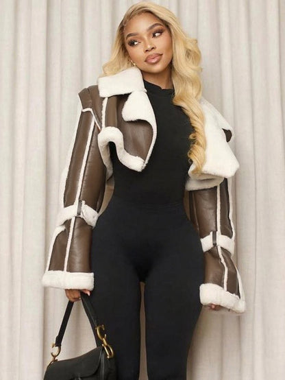 Women's Retro Leather-Like Jacket with Lapel Collar & Closure - Black/Brown/Beige/Burgundy - Structured H-Line Coat for Fall/Winter, Casual to Formal Wear (Hand Washable) - Leather-Look Outerwear