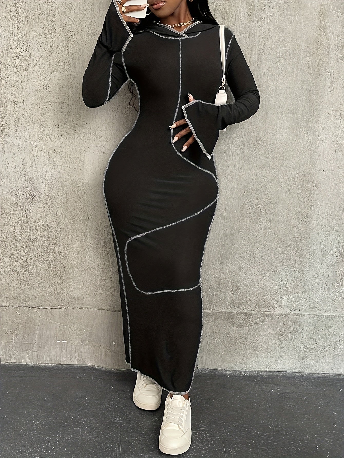 Fashionable Hooded Sweatshirt with Contrasting Seams, Fitted Long Skirt, Street-Style Dress