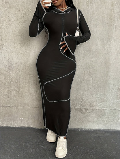 Fashionable Hooded Sweatshirt with Contrasting Seams, Fitted Long Skirt, Street-Style Dress
