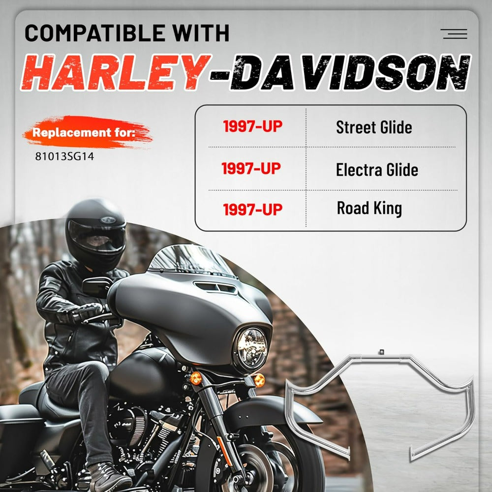 1.5" Engine Guard Crash Bar Compatible with 1997-UP for Harley Davidson Street Glide Electra Glide Road King Replacement for 81013SG14 Steel Silvery