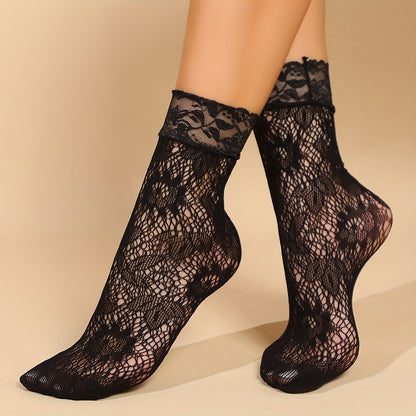 6 Pairs of Women's Short Socks, Lace Ankle Socks, Hollow-Out Mid-Calf Socks, Lace-Trimmed Calf Socks