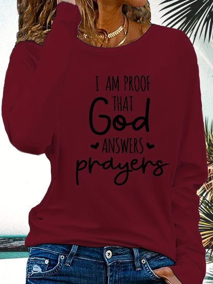 Women's Faith T-Shirt - "I Am Proof God Answers Prayers" Verse Print, Blue Long Sleeve Crew Neck Casual Top, 180gsm Heavyweight Religious Apparel for Church, Casual Attire & Prayer Outfits