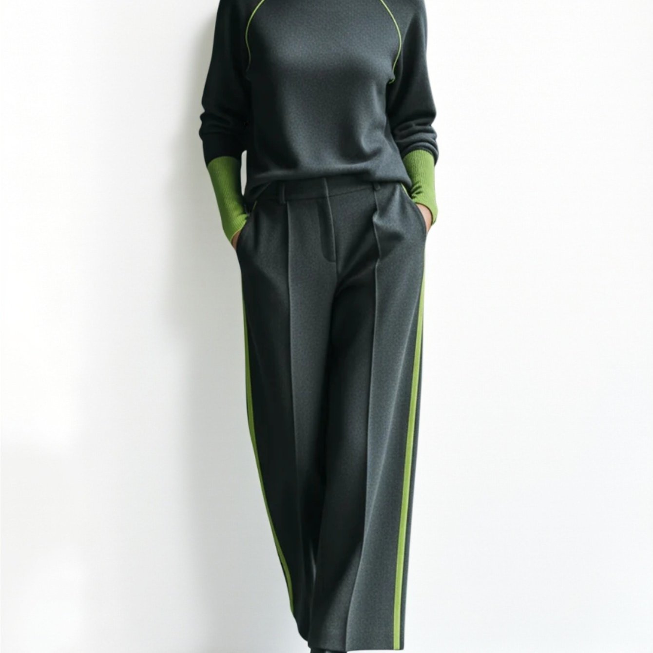 Charcoal-Green Blended with Green Trim Oversized Top + Wide-Leg Pants Women's Set | Sophisticated, Fashionable, Unique, Minimalist Style Perfect for Fall/Winter Casual Outings & Leisure Commuting & Light Social Occasions