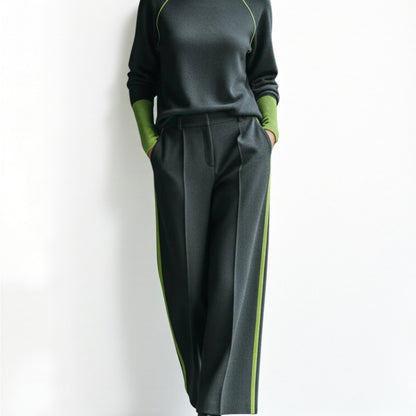 Charcoal-Green Blended with Green Trim Oversized Top + Wide-Leg Pants Women's Set | Sophisticated, Fashionable, Unique, Minimalist Style Perfect for Fall/Winter Casual Outings & Leisure Commuting & Light Social Occasions