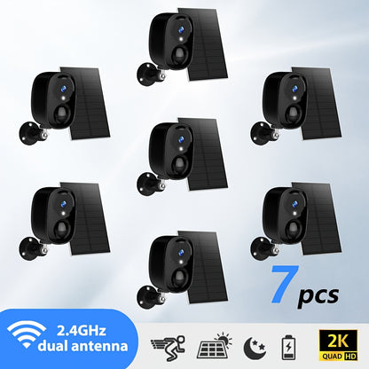 7pcs Solar Powered 2K 3MP Wireless Outdoor Security Camera System - FHD AI Motion Detection, Two-Way Audio, Color & Infrared Night Vision, Battery or USB Dual Power Supply, Lithium Battery, High Quality, Outdoor Surveillance,