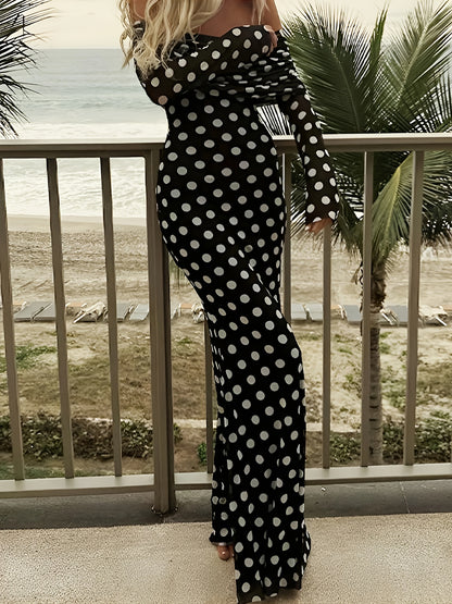 Long-Sleeved Off-Shoulder Polka Dot Printed Maxi Dress for Festivals, Music Events, Parties, Vacations, And Gatherings[Ll425]