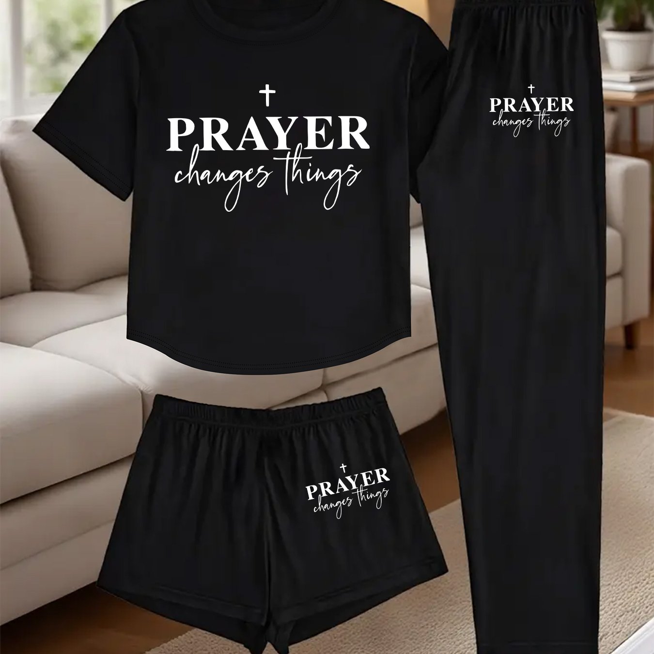 3pcs Women's Pajama Set - Faith Prayer Theme Sleepwear with Verse Print (Prayer Changes Things), Short Sleeve T-Shirt, Shorts & Lounge Pants - Breathable Pajamas for Bedtime, Church & Casual Attire - Machine Washable