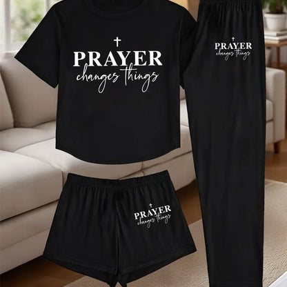 3pcs Women's Pajama Set - Faith Prayer Theme Sleepwear with Verse Print (Prayer Changes Things), Short Sleeve T-Shirt, Shorts & Lounge Pants - Breathable Pajamas for Bedtime, Church & Casual Attire - Machine Washable