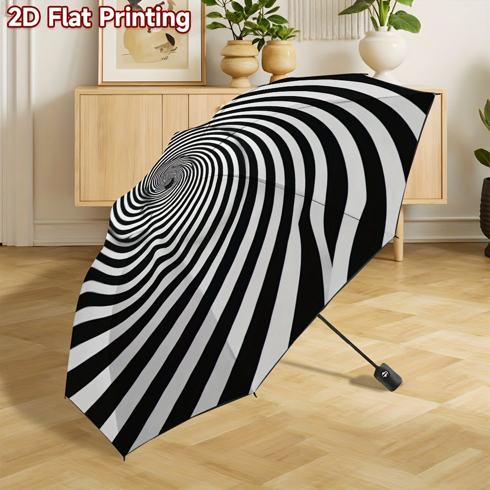 1pc Automatic Open/Close Umbrella with Auto-Folding Mechanism, 8-Rib Heavy-Duty Iron Frame & Black/White Spiral Canopy - Automatic Folding Portable Travel Umbrella for Men & Women, Compact  Umbrella for Everyday Carry, Perfec