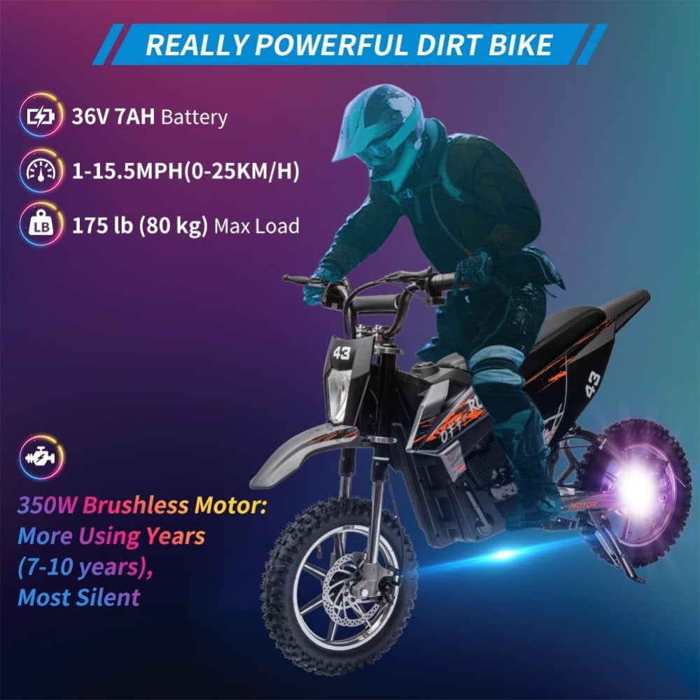 36V Electric Dirt Bike for Kids 13-16 Years, 15.5 MPH High-Speed Off-Road Motorcycle with 350W/500W Motor (Brushless/Brushed), 175 lbs Capacity, All-Terrain ATV-Like Bike, Front/Rear Brakes & LED (-)